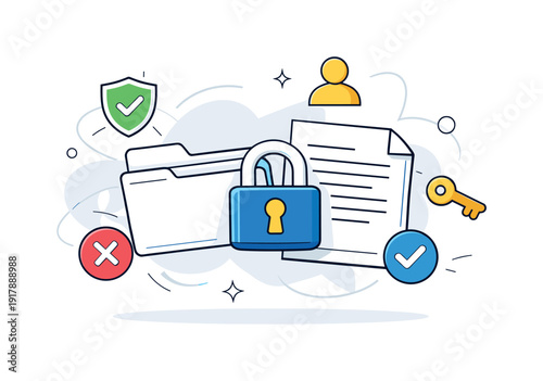 Personal Data Protection. Folder and document icons locked together, permission symbols