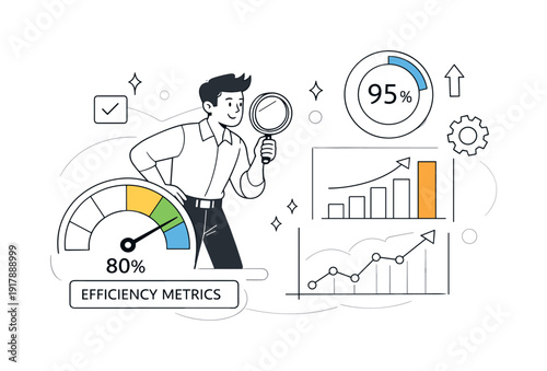 Efficiency Metrics. Character analyzing performance gauges and percentage indicators, clean charts filling up