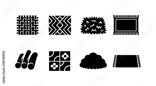 Area rug texture. Filled icon set of Area rug texture: woven rug pattern, geometric rug