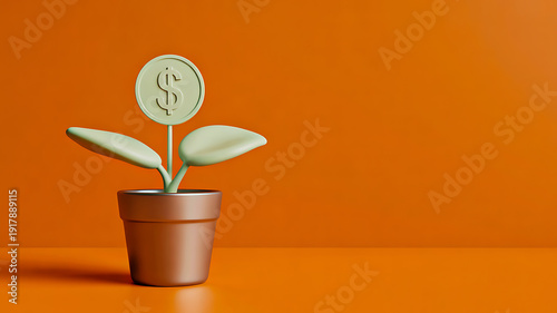 Financial growth concept with coin plant in pot on orange background

