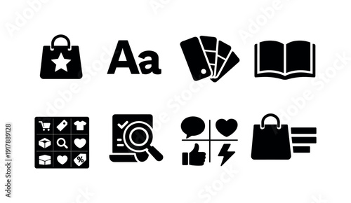 Retail Brand Icon Set. Retail brand identity. Filled icon set of Retail brand identity: brand logo mark,