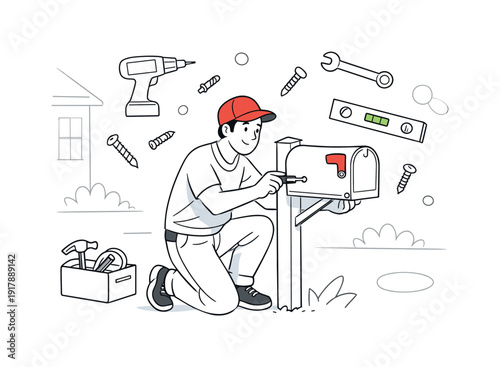 Replacing the mailbox. Person installing a new mailbox by the house, old mailbox removed, tools and screws