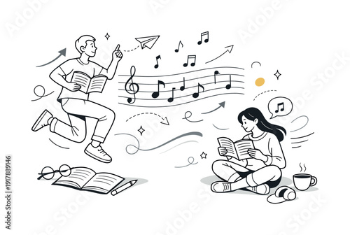 Sheet music abstraction. Minimal staves with scattered notes drifting upward, light visual