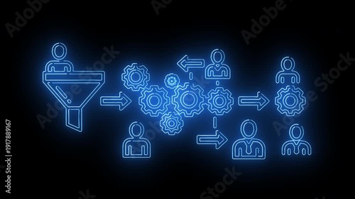 Neon-lit diagram illustrating a marketing funnel process with glowing blue icons and arrows on a dark background.