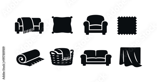 Home comfort textiles. Filled icon set of Home comfort textiles: sofa throw, decorative