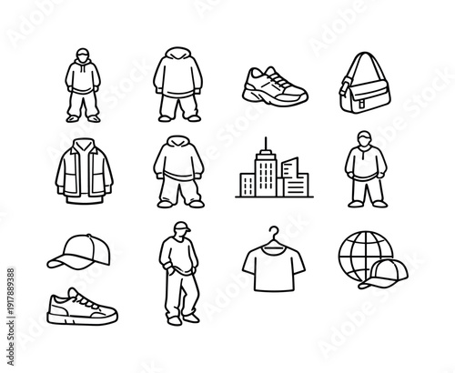 Contemporary Street Icons. Contemporary street style. Line outline icon set of Contemporary street style: