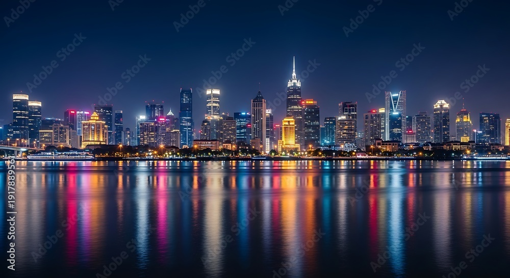 Obraz premium Modern city skyline at night with colorful reflections on the water surface