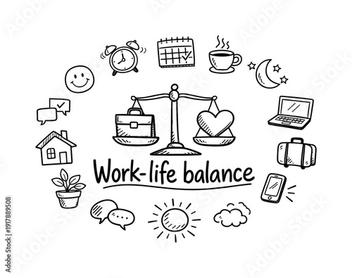Work-life balance. Hand-drawn doodle illustration of Work-life balance. In the middle, one slightly larger