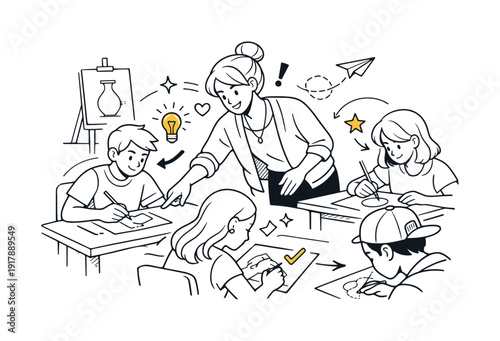 Drawing lesson in class. Instructor walking between desks giving gentle guidance, students concentrating on