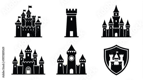 black silhouettes of various castles and towers on white background