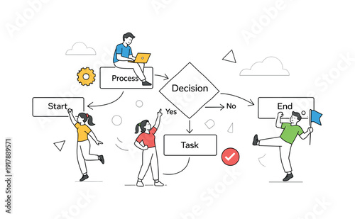 Process Workflow. Flowchart blocks connected by smooth arrows, steps activating one after another. Feeling of