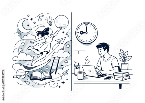 Dream world and real world contrast. Split composition with a dreamy side of flowing shapes,