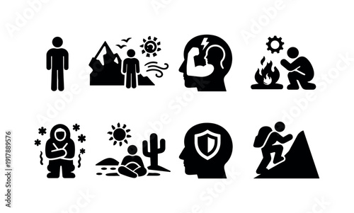Psyche in extreme environments. Filled icon set of Psyche in extreme environments: isolated human figure,