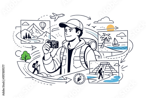 Adventure storytelling with action cameras. Traveler holding a small camera, landscapes flowing around as