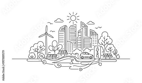Future Urban Living. Minimalistic one-line drawing sustainable smart city with buildings,