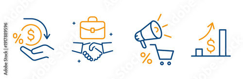 open new business icons, set icons of getting a loan, opening business, advertising, profit increase chart, stages of successful development, minimalist line vector art