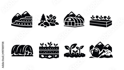 High-altitude mountain gardening. Filled icon set of High-altitude mountain gardening: terraced mountain