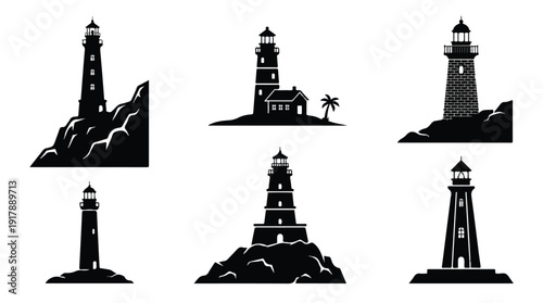 black silhouettes of various lighthouses on white background