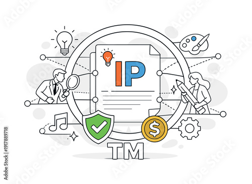 Intellectual Property Symbol. Abstract document and logo framed by a trademark sign, lines