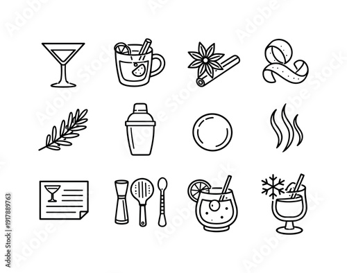 Seasonal cocktails. Line outline icon set of Seasonal cocktails: martini glass, mulled wine