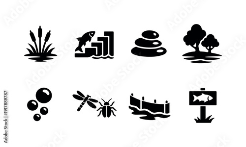 Freshwater restoration. Filled icon set of Freshwater restoration: wetland reeds, fish ladder, river stones,
