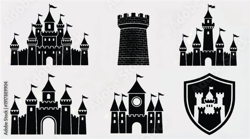 Black silhouettes of various medieval castles and fortresses with flags and towers on light background