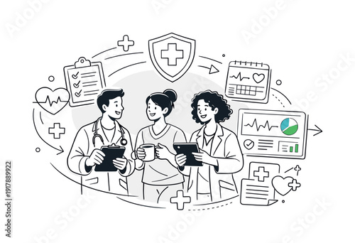 Wellbeing support for healthcare teams. Health professionals sharing resources, digital dashboards and care