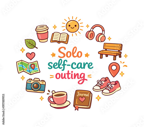 Solo self-care outing. Hand drawn illustration of Solo self-care outing. coffee cup, book, headphones, park