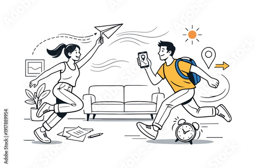 Minimal home aesthetic. Sparse furniture and decor aligned cleanly, abstract shapes hinting