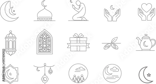 Ramadan kareem traditional decorative symbols set for eid al-fitr celebration