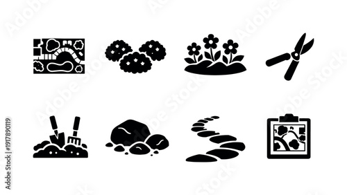 Garden landscaping. Filled icon set of Garden landscaping: garden layout, planted shrubs,