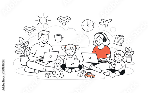 Remote family work-life balance. Family sitting together in a cozy temporary home, laptops, toys, and plants