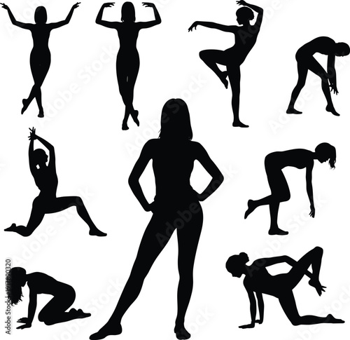 Female fitness and yoga silhouettes collection, dynamic body poses vector illustration for workout, dance, flexibility training, exercise routines, wellness lifestyle, and healthy living concepts