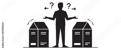 Confused person between two houses, symbolizing choice in real estate or relocation