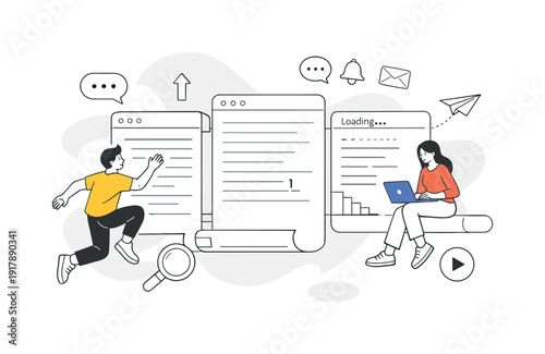 Dynamic Text Interface. Scrolling text panels with cursor blinking softly, content updating in real time.