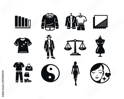 Monochrome fashion style. Line outline icon set of Monochrome fashion style: single color palette, tonal