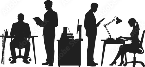 Office workers silhouettes scene, corporate employees working at desks with documents and computer vector illustration, workplace productivity concept design