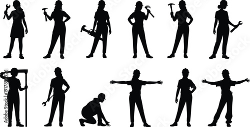 Female worker silhouettes set, women construction professionals holding tools in various action poses, strong working women vector illustration isolated on white background