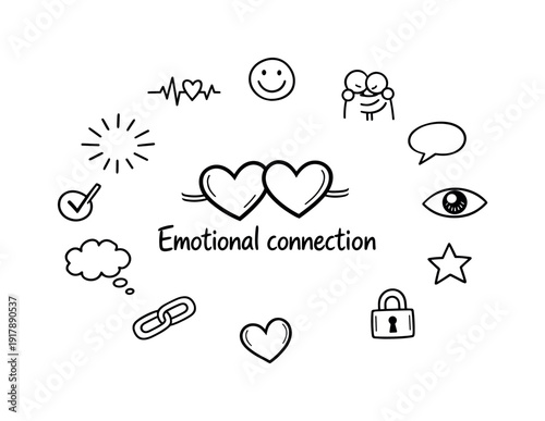 Emotional connection. Hand-drawn doodle illustration of emotional connection. In the middle, one slightly