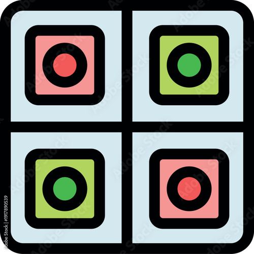 Close up of a simon electronic memory game interface, featuring red and green lights within a grid, evoking nostalgia and playful competition