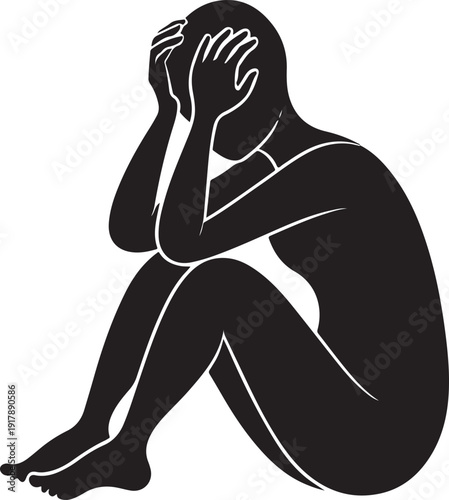 Stressed human silhouette expressing mental health emotion in minimalist flat black vector design for modern awareness projects
