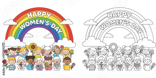 Happy Women's Day Rainbow with Diverse Girls and Flowers - Coloring Page Included
