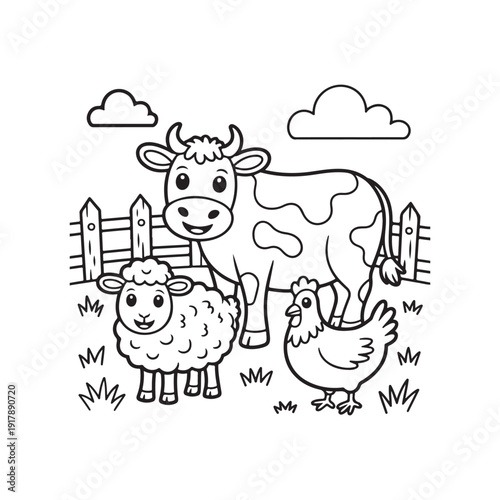 Cute black and white cartoon farm animals: cow, sheep, and chicken with fence and clouds