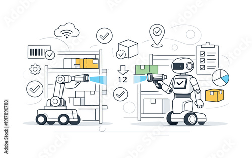 Smart inventory management. Robots scanning shelves with sensors, inventory icons and checkmarks drifting