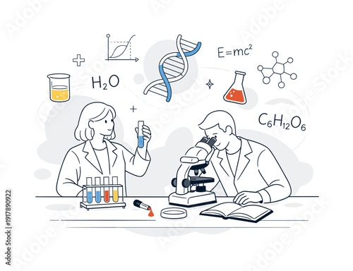 Laboratory Analysis. Research table with microscope, test tubes, and formulas gently