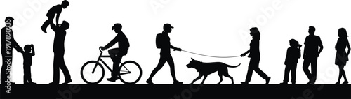 Silhouette Collection of People Walking, Cycling, Playing with Children and Dog, Family Daily Life Activities Isolated on White Background Illustration