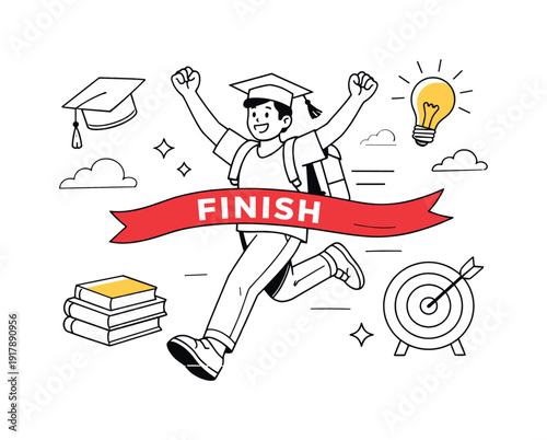 Academic Triumph. Educational accomplishment. Individual reaching finish line marked with graduation cap,
