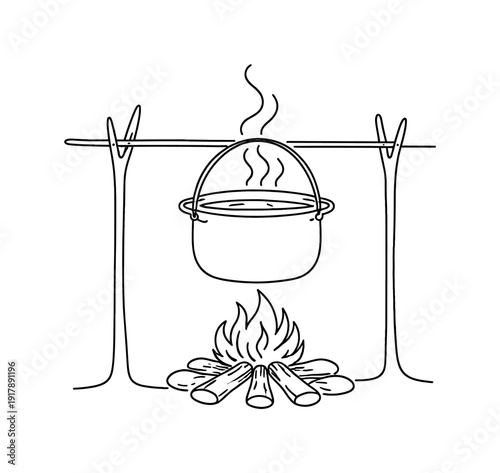 Boiling water on a fire. Minimalistic one-line drawing pot suspended over open flames with steam rising gently