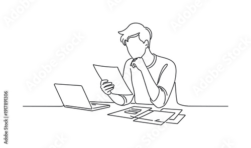 First Job Search. Minimalistic one-line drawing person reviewing documents with calm posture representing