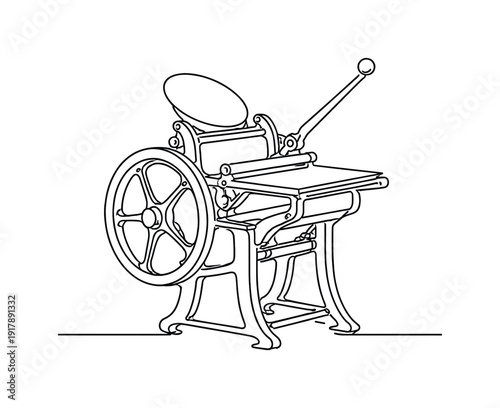 Minimalist Printing Press. Print Era Minimal. Minimalistic one-line drawing vintage printing press with